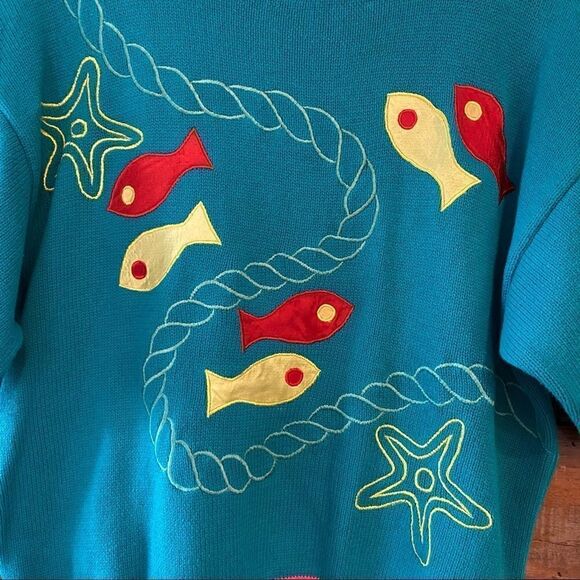 Renso Fabiani 1980’s Vintage Turquoise 2 Sided Fabric Fish Short Sleeve Sweater - Picture 5 of 8